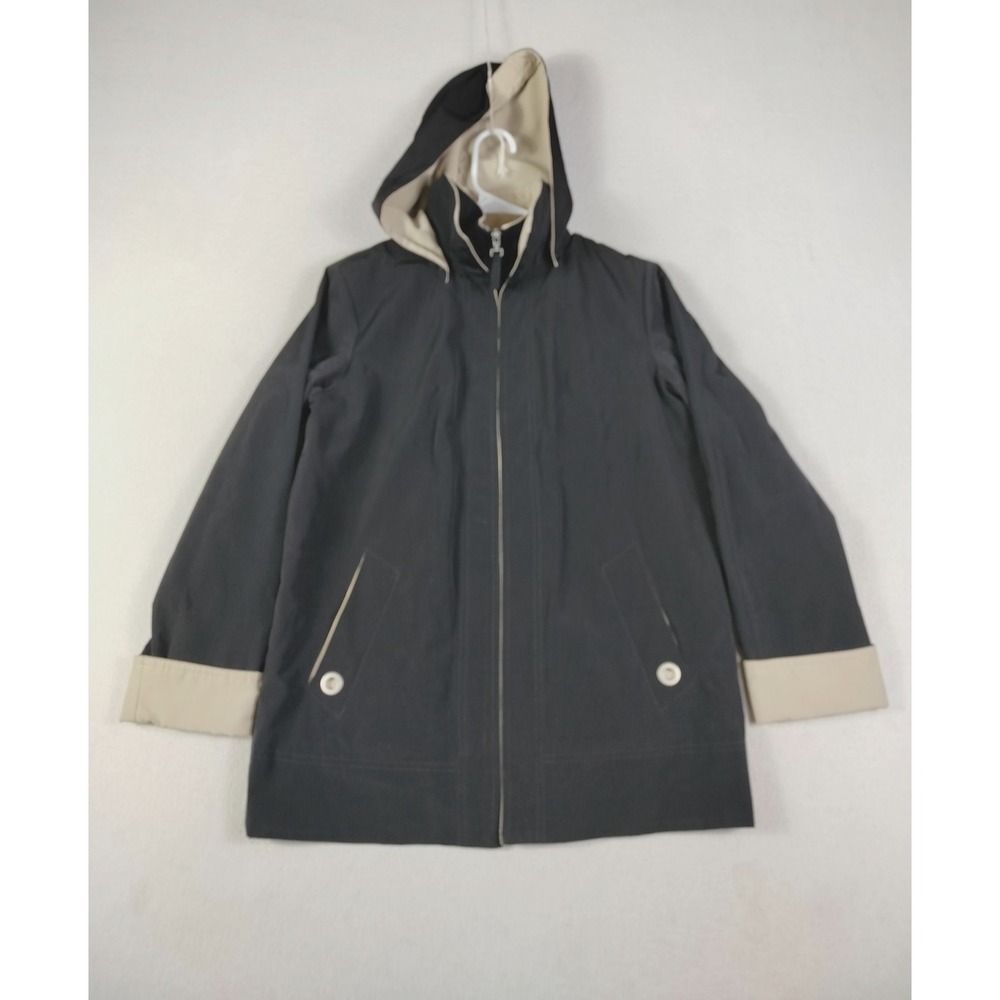 Nautica Jacket Mens Small Black Beige Hooded Raincoat Plaid Lined Zip Parka